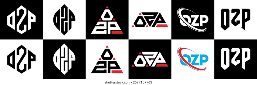 OZP letter logo design in six style. OZP polygon, circle, triangle, hexagon, flat and simple style with black and white color variation letter logo set in one artboard. OZP minimalist and classic logo