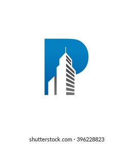 P Alphabet Building Negative Space Letter Logo Blue