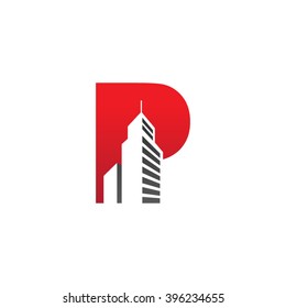 P Alphabet Building Negative Space Letter Logo Red