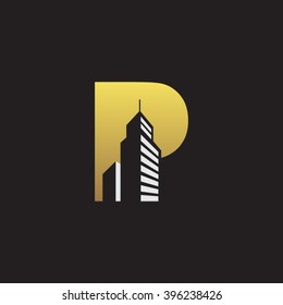 P alphabet building negative space letter logo gold black background