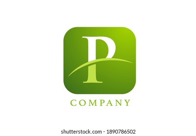 P alphabet letter logo for company and corporate in green colour. Rounded square design with swoosh. Can be used for an app or button icon