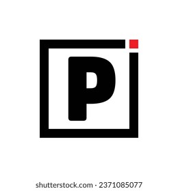 Icono del logotipo de la letra del alfabeto P en blanco y negro. Diseño de empresa y negocio con punto cuadrado y rojo.