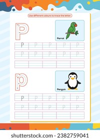P alphabet tracing practice worksheet. Educational coloring book page with outline vector illustration for preschool