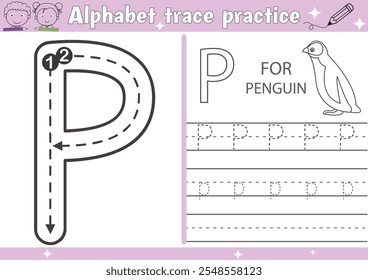 

P alphabet tracing practice worksheet and Penguin coloring book page with outline vector for Pre-school Kids