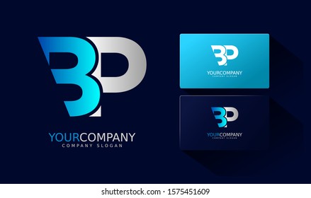 P B Logo and business card. BP Letter modern Design Vector with blue and silver gradient color.