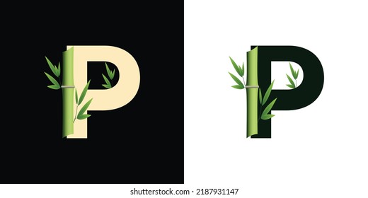 p diseño de iconos de logotipo de bambú con hojas de plantilla con iniciales creativas