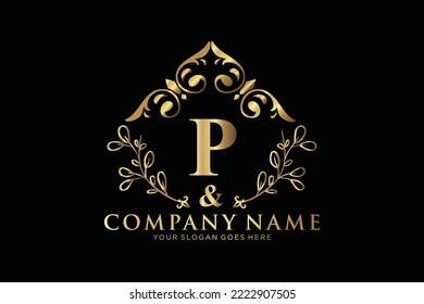 P Beauty vector initial logo, Golden floral letters with flowers leaves and gold splatters isolated on white background. Vector illustration for wedding, greeting cards, invitations template design