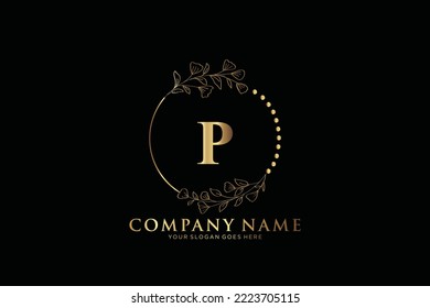 P Beauty vector initial logo, Golden floral letters with flowers leaves and gold splatters isolated on white background. Vector illustration for wedding, greeting cards, invitations template design