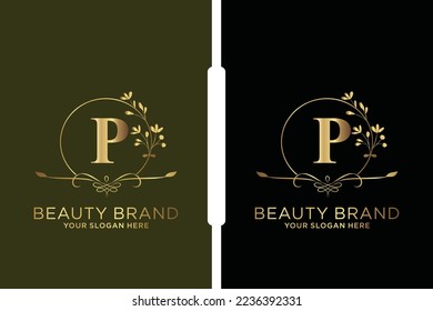 P Logo inicial del vector de belleza, letras doradas florales con hojas de flores y manchas doradas aisladas en fondo blanco. Ilustración vectorial para boda, tarjetas de felicitación, diseño de plantillas de invitaciones