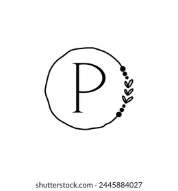 P black alphabet capital letter emblem font flower hand drawn art circle elegant floral icon flat logo design