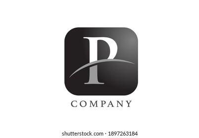 P black white alphabet letter logo for company and corporate. Rounded square design with swoosh. Can be used for an app or button icon
