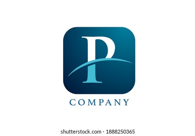 P blue alphabet letter logo for company and corporate. Rounded square design with swoosh. Can be used for an app or button icon