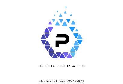 P Blue Hexagon Letter Logo Design with Blue Mosaic Triangles Pattern.