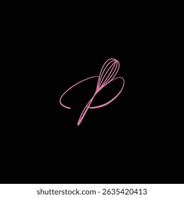 P calligraphy letter with Bakery Whisk icon vector illustration Logo.