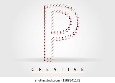 P casino letter with little many poker symbols. Peak, Clubs, Cherva, Tambourine. Styled vector font for casino, online slots, gamble, poker tournament, logo, cover, brochure, voucher, card or web page