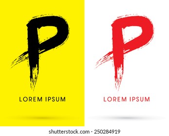 P ,Chinese Brush Grunge Font ,designed Using Black And Red Brush Handwriting, Logo, Symbol, Icon, Graphic, Vector.