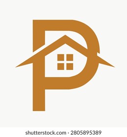 P clean and professional logo featuring the letter P creatively integrated with a modern house, roofline, and window, symbolizing real estate, architecture, home construction, and property development.