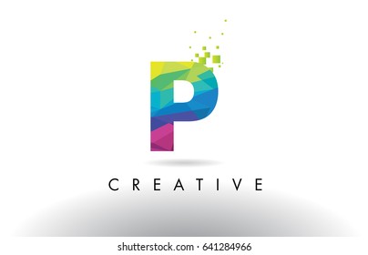 P Colorful Letter Design with Creative Origami Triangles Rainbow Vector.
