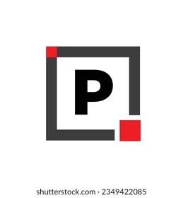 Monograma del nombre de la empresa P con cuadrado rojo. Icono de punto P.
