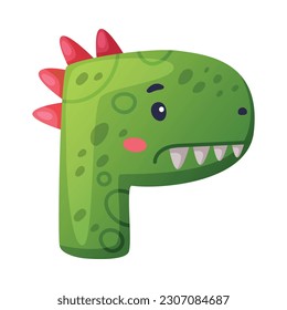 P consonant letter dino font. Dinosaur alphabet, cute dino effect green letter sign, abc for kids, nursery, birthday party design cartoon vector illustration