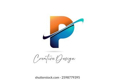 P cut swoosh letter alphabet logo icon design in blue and orange gradient for business or company