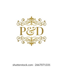 P D initials logo ornament gold. Letter BD wedding ampersand or business partner symbol