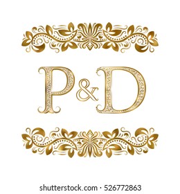 P and D vintage initials logo symbol. The letters are surrounded by ornamental elements. Wedding or business partners monogram in royal style.