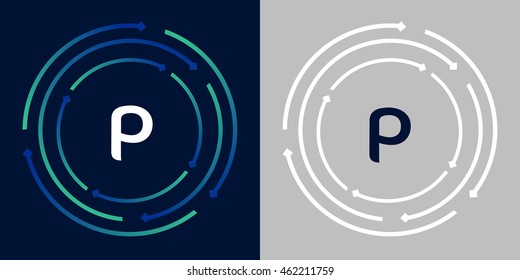 P design template elements in abstract background logo, design identity in circle, letters business logo icon, blue/green alphabet letters, simplicity graphics