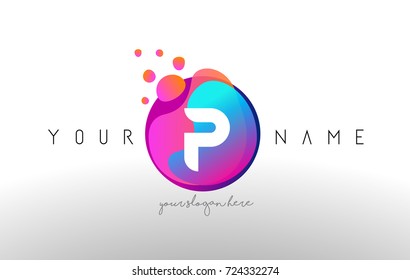 P Dots Letter Logo With Bubbles. A Letter Design Vector with Vibtant Blue Orange Magenta Colors Particles Shapes.