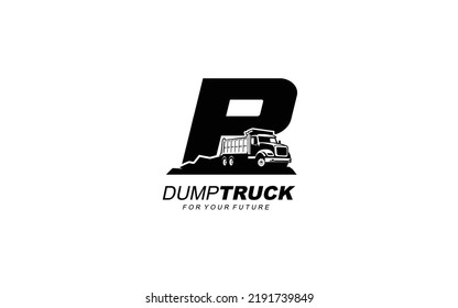 P Vector del logotipo del camión volcado para la empresa de construcción. Ilustración vectorial de la plantilla de equipo pesado para su marca.