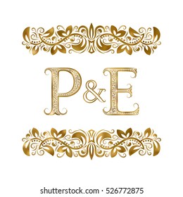 P and E vintage initials logo symbol. The letters are surrounded by ornamental elements. Wedding or business partners monogram in royal style.