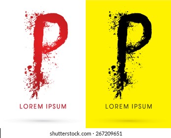 P , font, concept blood and splash, designed using red and black  colors grunge brush, sign ,logo, symbol, icon, graphic, vector.