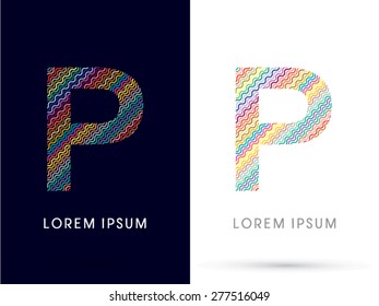 P ,font, designed using colorful zigzag line, graphic, vector.