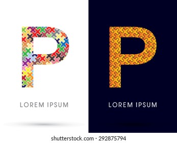 P, Font, designed using Jigsaw puzzle pattern, graphic vector.