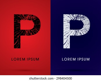 P ,Font , destroy, broken mirror,  broken glass, graphic vector.