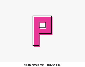 P font letter made of black frame outline shadow of font pink color. Vector illustration for logo, design element, poster etc.
