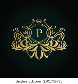 P golden letter logo. P logo initial Luxury ornament emblem. Golden template for cafe, bars, boutiques, invitations. Logo for business. Vintage elements. 