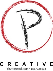 P grunge brush stroke letter alphabet logo icon design template with circle in black and red for business. Suitable for a company design, label, emblem, logo or web page.