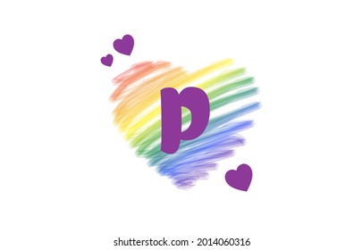 P Heart LGBT Letter Logo Design with Rainbow Color Brush Stroke Paint, Vector Illustration.