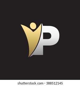 P initial alphabet letter logo with swoosh man, silver gold black background