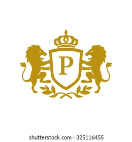 P initial business, clean luxury crest logo with lions
