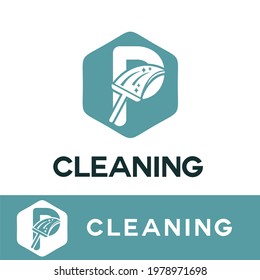 P Initial Letter Cleaning Service Simple Flat Modern Logo with Broom, Brush icon. Housecleaning, Maintenance Home Repair Business Brand. Home Clean Up Retail company 