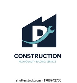 P Initial Letter for Flat Minimalist Modern Construction Logo Design. Simple renovation business logo with wrench equipment tool. Building repair and maintenance brand