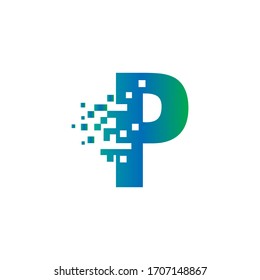 P Diseño de logotipo de carta inicial con píxeles digitales en colores degradados