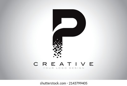 P Initial Letter Logo Design with Digital Pixels in Black and White Colors.