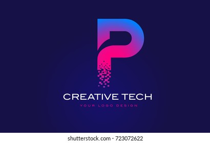 P Initial Letter Logo Design with Digital Pixels in Blue and Purple Colors.