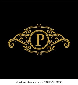 P Initial Letter Luxury Golden Monogram Logo With Frame Ornament For Boutique, Beauty Spa, Hotel, Resort, Restaurant, Jewelry, Cosmetic Logo Design. Initial Golden Wedding Marriage Sign