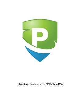 P initial swoosh shield logo blue green