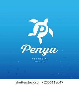 P initial with turtle penyu logo. Penyu is Indonesian for sea turtle. Vector illustration