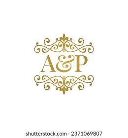 A P initials logo ornament gold. Letter AP wedding ampersand or business partner symbol.